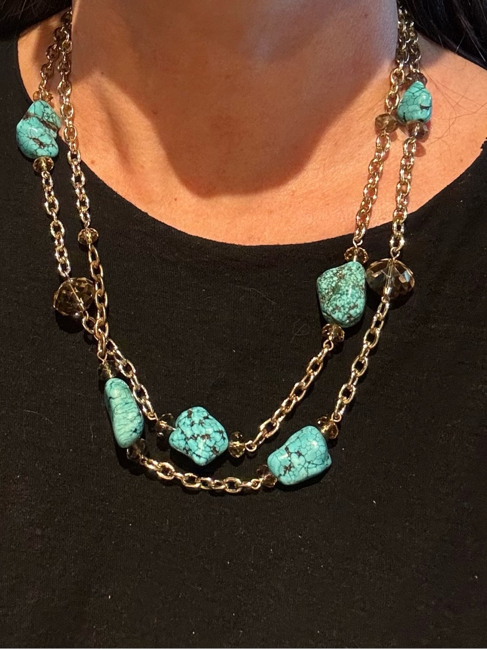 Long Turquoise Colored Stone Gold Tone Chain Necklace Faceted Beads 44”